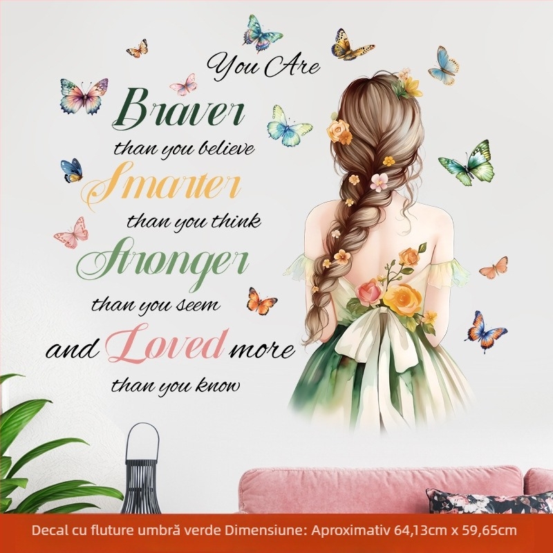 Set de autocolante pentru perete cu motiv fluture și slogan în engleză, PVC, impermeabile, autocolante autoadezive, 5+ bucăți, stil modern minimalist