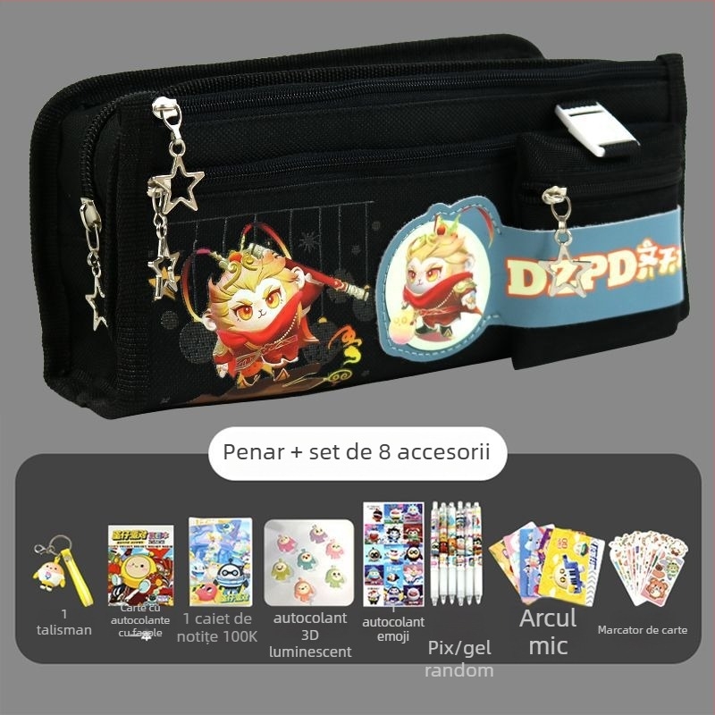 Penar pentru creioane Monkey King, din pânză – Capacitate mare, pentru elevi din ciclul primar și gimnazial
