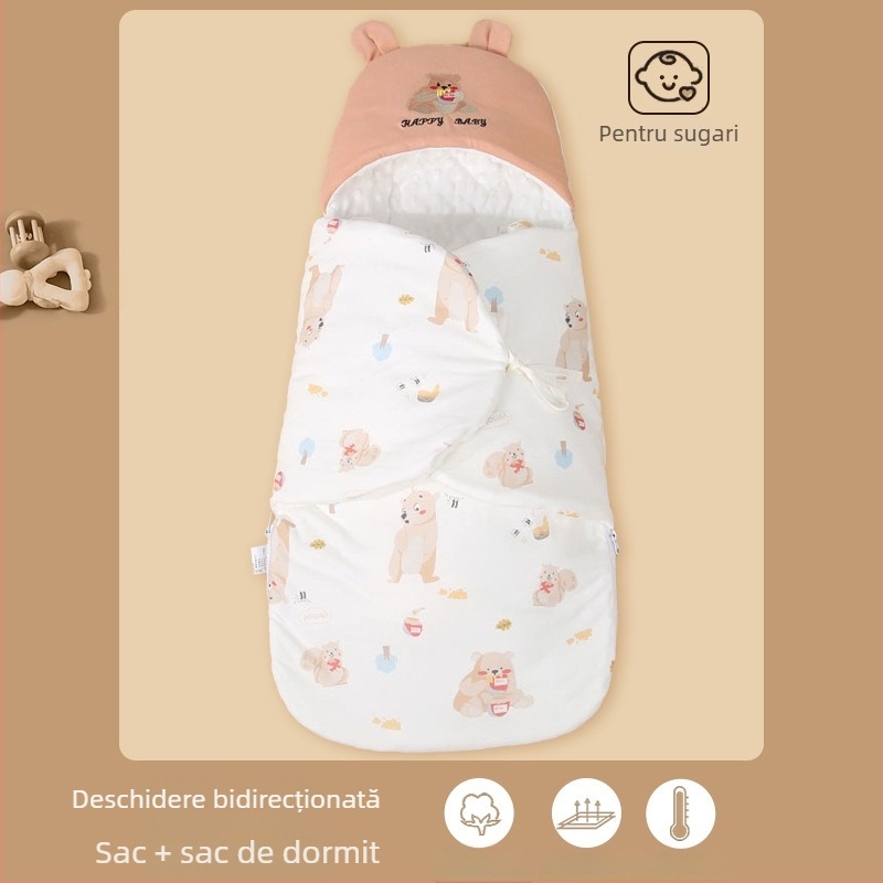 Sac de dormit pentru nou-născuți cu quilt anti-kick integrat, 95% bumbac, 0,55–1,0 kg, design desene animate