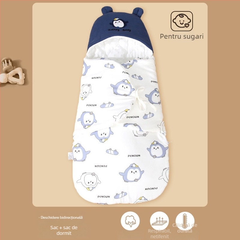 Sac de dormit pentru nou-născuți cu quilt anti-kick integrat, 95% bumbac, 0,55–1,0 kg, design desene animate