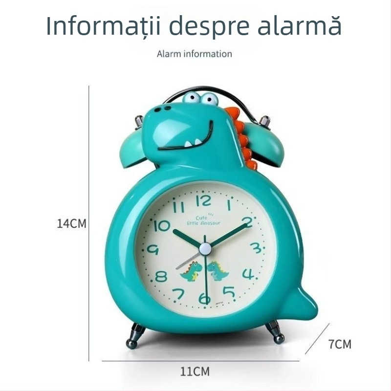 Ceas deșteptător Cartoon cu două clopote și iluminare, analog, alimentat cu baterie, carcasă din metal, cadran din plastic, mișcare lină a secundelor