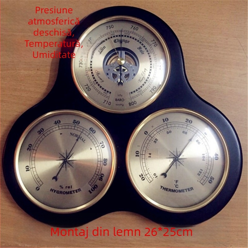 Ceas de perete cu stație meteorologică, termometru, higrometru, barometru, prognoză meteo, fereastră transparentă