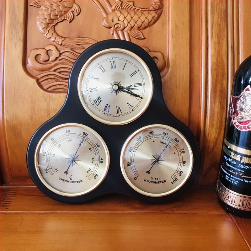 Ceas de perete cu stație meteorologică, termometru, higrometru, barometru, prognoză meteo, fereastră transparentă