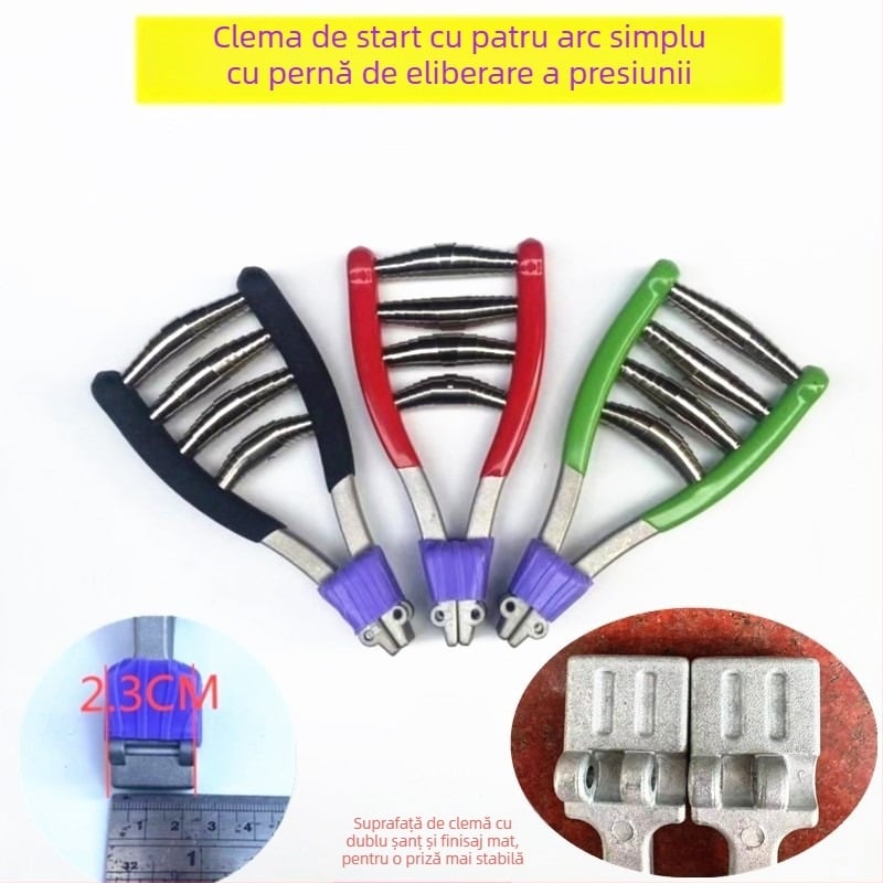 Unealtă manuală de ghidare a firelor pentru rachete badminton/tenis – clemă de pornire cu patru arc, piesă de fixare; material: aliaj de zinc și oțel cu arc