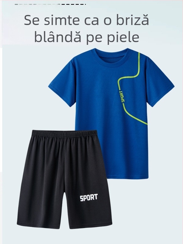 Set sportiv unisex cu mâneci scurte, poliester în dungi, vară, pentru copii 13–16 ani