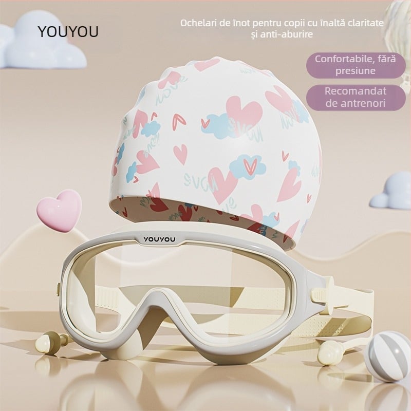 Youyou Ochelari de înot pentru copii și set de șapcă - impermeabili, antifog, cadru mare, lentile PC