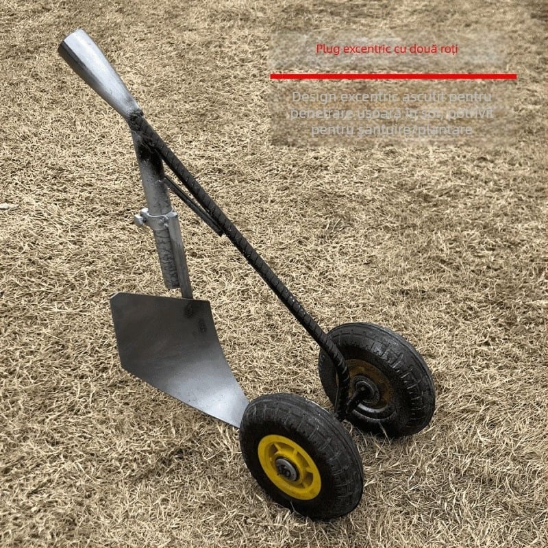 Triplu în unu: Lopată multifuncțională cu două roți, asistență electrică pentru afânarea solului, săparea canalelor și reabilitarea terenului; material: alamă + oțel alb electric; prelucrare cu încrustare de argint; puritate argint 98%; lansare iarna 2022