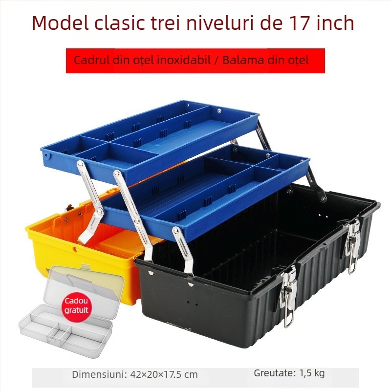 Cutie de unelte metalică, mică, depozitare multifuncțională, pliantă în trei niveluri, industrială, robustă, portabilă pentru electricieni; Cod produs: ZsfcBjBD; Brand: Other; Piețe principale: Africa, Europa, America de Sud, Asia de Sud-Est, America de No