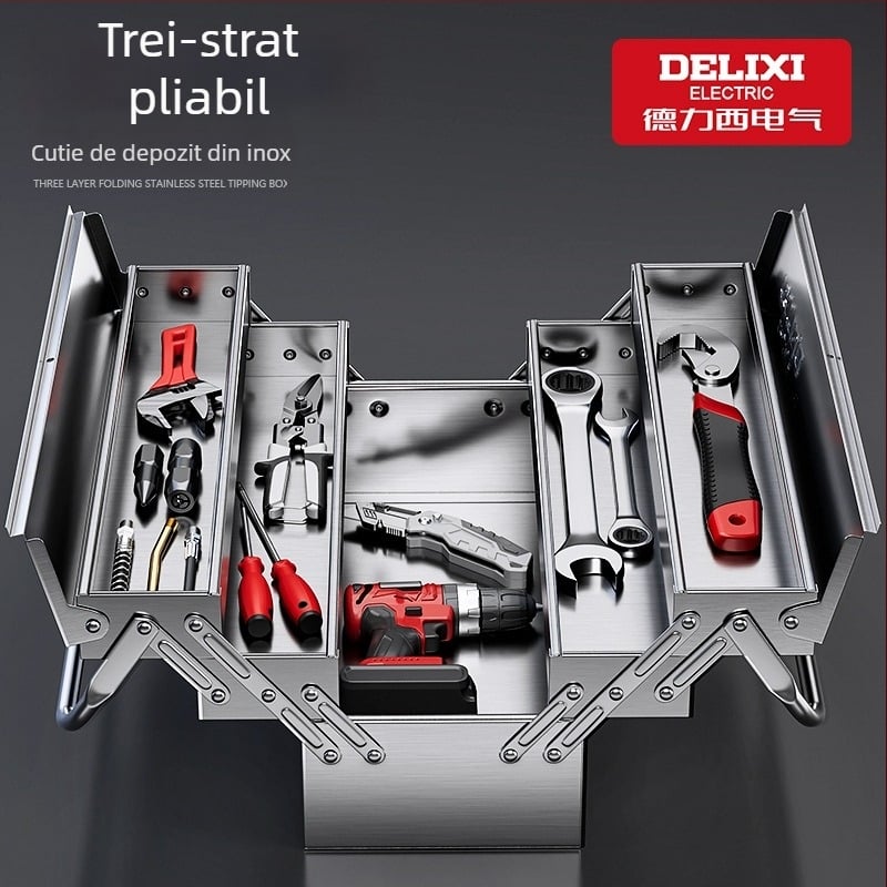 Delixi Electric cutie de unelte din oțel inoxidabil – portabilă, cu trei straturi pliabile și design înclinat pentru casă și vehicul