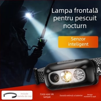 Lampa frontală LED pentru pescuit nocturn cu încărcător, corp din aliaj de aluminiu, 3W, baterie 800mAh, rază 100–200 m