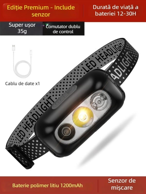 Lampa frontală LED pentru pescuit nocturn cu încărcător, corp din aliaj de aluminiu, 3W, baterie 800mAh, rază 100–200 m
