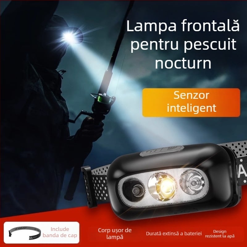 Lampa frontală LED pentru pescuit nocturn cu încărcător, corp din aliaj de aluminiu, 3W, baterie 800mAh, rază 100–200 m