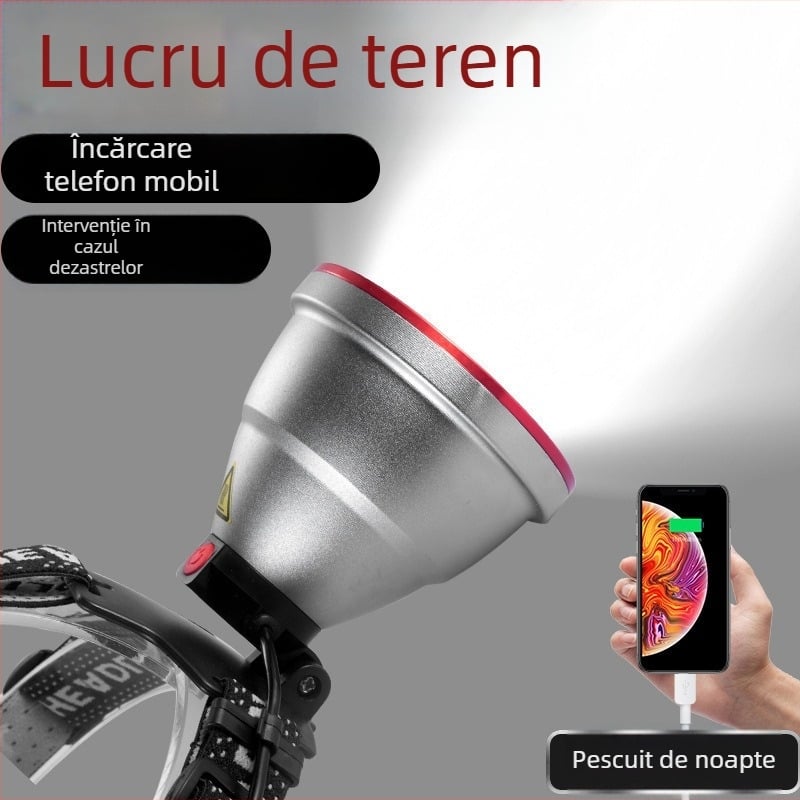 Frontala LED cu încărcare USB, corp din aliaj de aluminiu, sursă LED, alimentare prin manivela, rază maximă peste 500 m