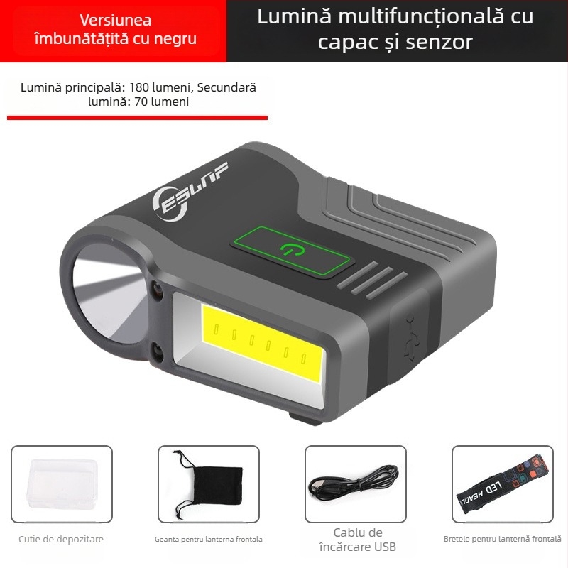 Lampă cap-clip cu LED COB, impermeabilă, fascicul de 50 m, autonomie 2–8 ore, reîncărcabilă
