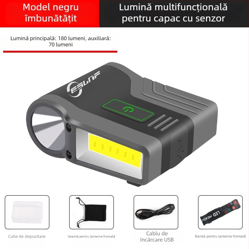 Lampa cu clips pentru pălărie - LED, reîncărcabilă, impermeabilă, rază de 50 m, autonomie 2–8 h