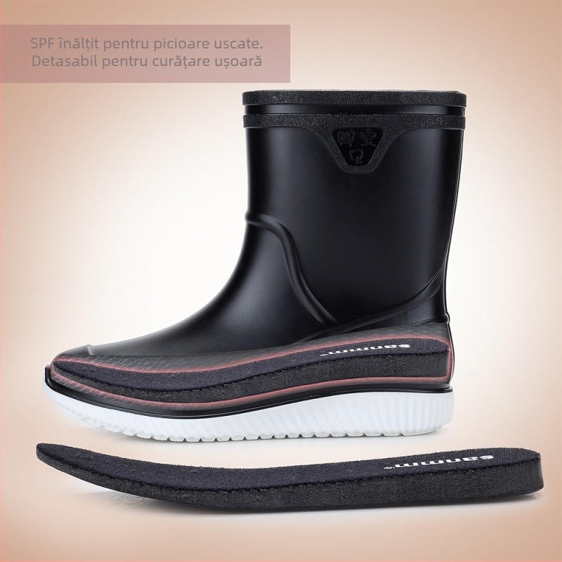 Cizme de ploaie pentru bărbați, până la mijlocul gambei, căptușite cu fleece pentru căldură, impermeabile și antiderapante, PVC pe partea superioară