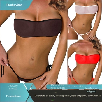 Set bikini plasă transparent cu top wrap și tanga