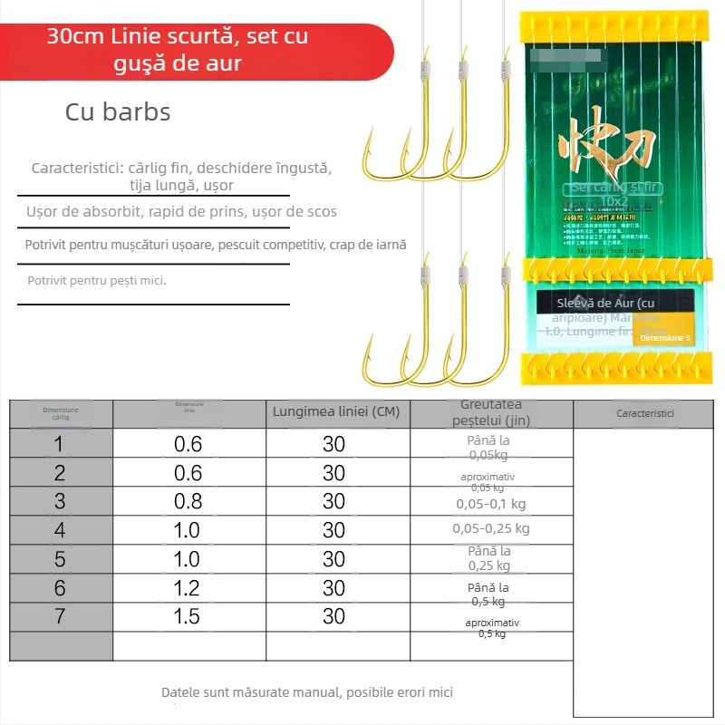 Meiou cârlig de pescuit — cârlig dublu, manșon auriu, cu barbă, gata legat