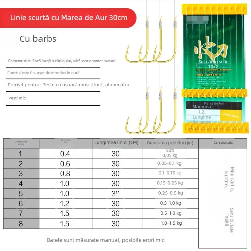 Meiou cârlig de pescuit — cârlig dublu, manșon auriu, cu barbă, gata legat