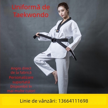Uniformă de antrenament Taekwondo – mânecă lungă, pentru copii și adulți, țesătură bumbac-poliester (55% poliester), model dungi sau uni