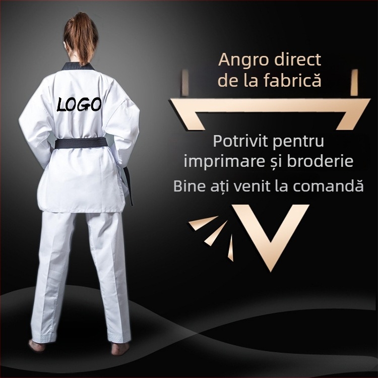 Uniformă de antrenament Taekwondo – mânecă lungă, pentru copii și adulți, țesătură bumbac-poliester (55% poliester), model dungi sau uni