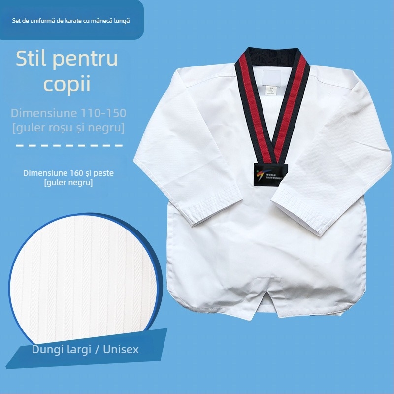 Uniformă de antrenament Taekwondo – mânecă lungă, pentru copii și adulți, țesătură bumbac-poliester (55% poliester), model dungi sau uni