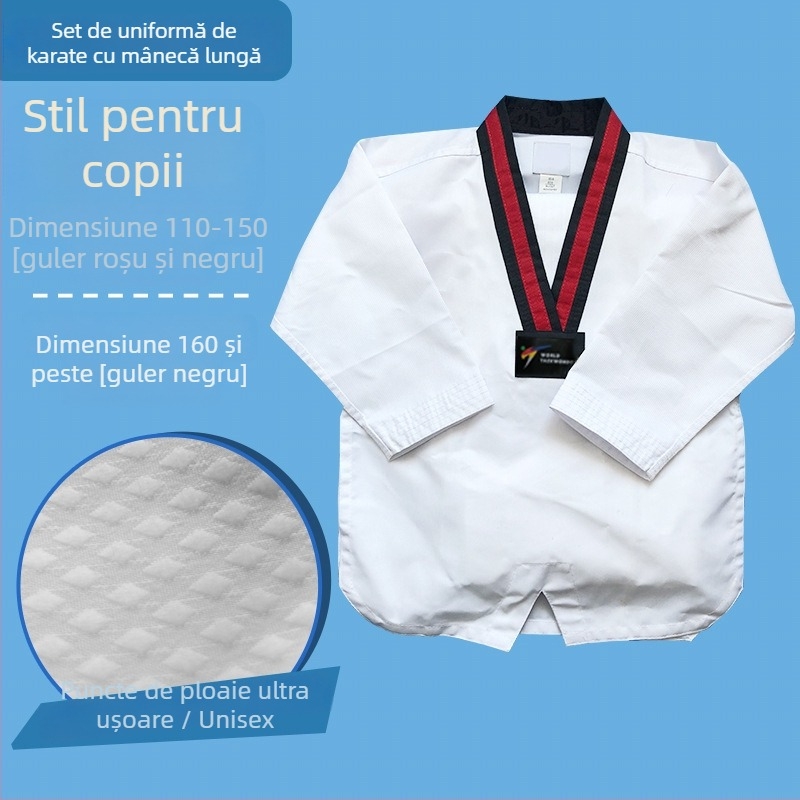 Uniformă de antrenament Taekwondo – mânecă lungă, pentru copii și adulți, țesătură bumbac-poliester (55% poliester), model dungi sau uni