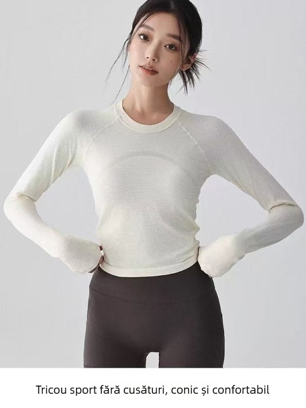 Top de yoga pentru femei cu mâneci lungi, nylon, compoziție 92% nylon + 8% spandex, croială slim, elimină umezeala