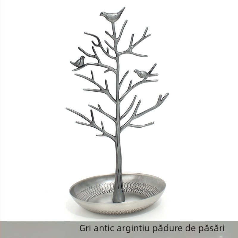 Suport pentru bijuterii în formă de arbore cu păsări, metal, două niveluri, stil artistic