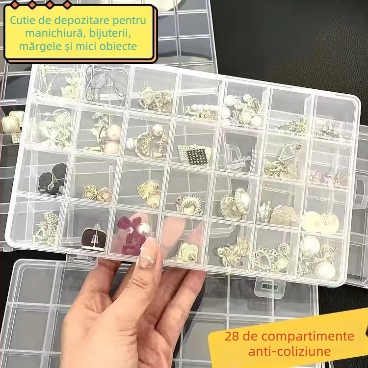 Cutie transparentă de depozitare pentru bijuterii cu compartimente fixe – organizator pentru unghii, inele, cercei, mărgele și accesorii pentru păr