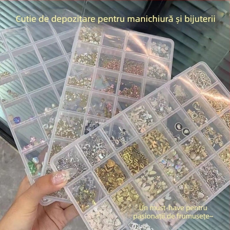 Cutie transparentă de depozitare pentru bijuterii cu compartimente fixe – organizator pentru unghii, inele, cercei, mărgele și accesorii pentru păr