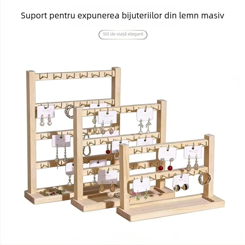 Raft pentru bijuterii din lemn masiv, cu două niveluri, construcție din îmbinări, formă geometrică, depozitare pentru brățări și cercei