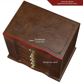 Cutie pentru bijuterii din lemn masiv cu lacăt – Organizator de birou cu 5 niveluri pentru colare, cercei și brățări – protecție împotriva prafului și oxidării