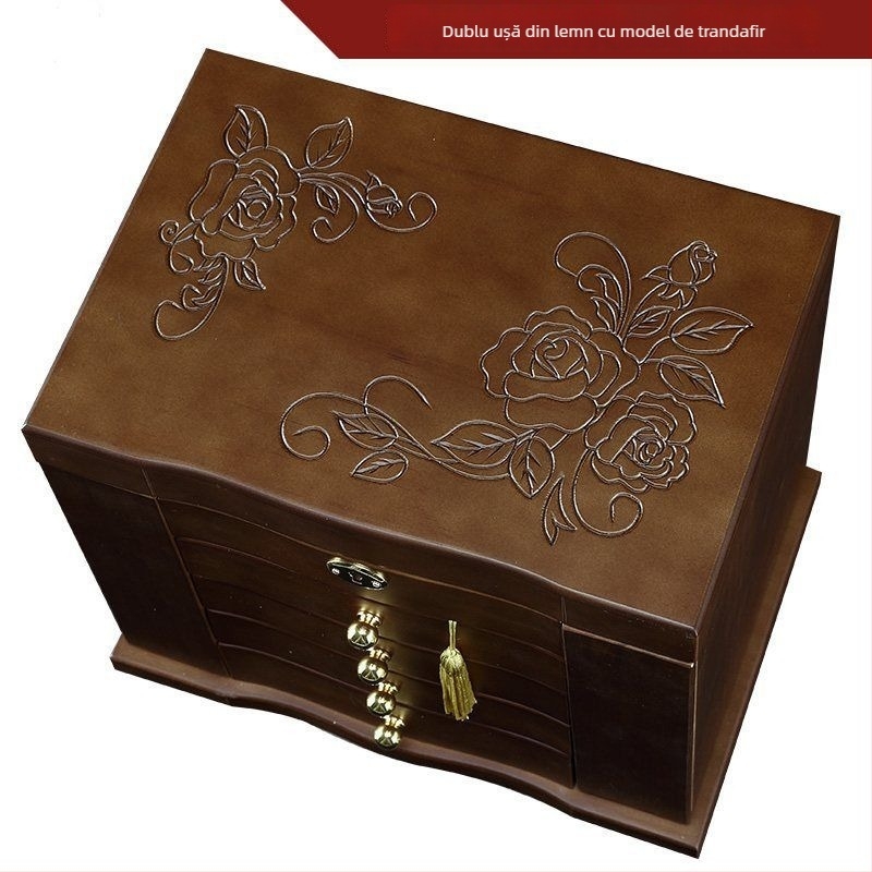 Cutie pentru bijuterii din lemn masiv cu lacăt – Organizator de birou cu 5 niveluri pentru colare, cercei și brățări – protecție împotriva prafului și oxidării