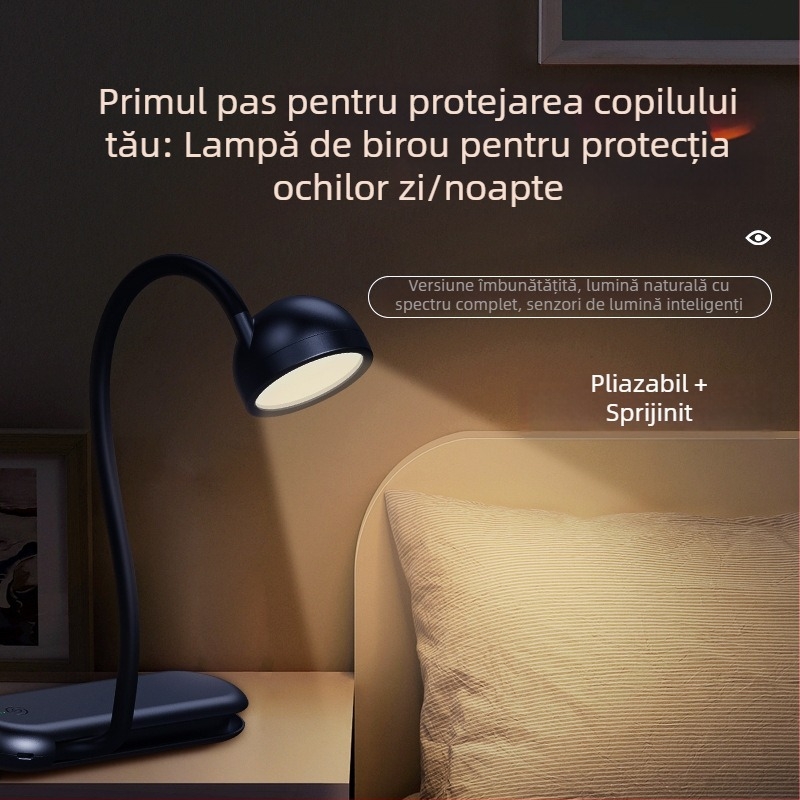 Lampă de birou cu protecție pentru ochi, cu două surse de lumină, portabilă, baterie litiu încorporată, abajur din ABS, pentru studiu și lectură.