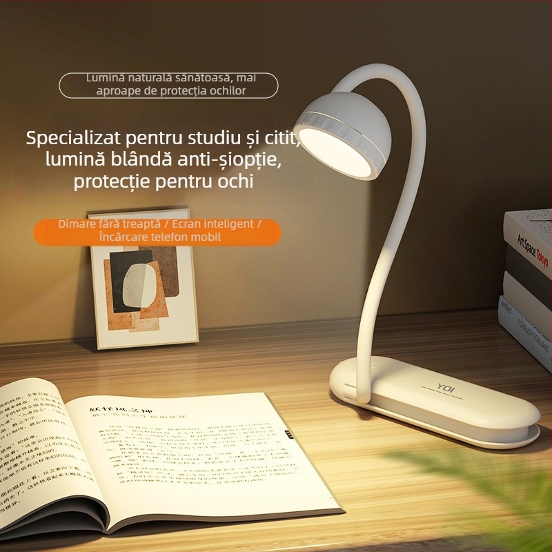 Lampă de birou cu protecție pentru ochi, cu două surse de lumină, portabilă, baterie litiu încorporată, abajur din ABS, pentru studiu și lectură.