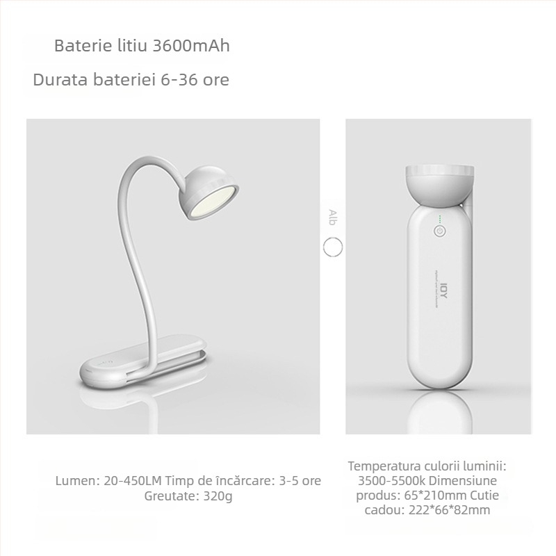 Lampă de birou cu protecție pentru ochi, cu două surse de lumină, portabilă, baterie litiu încorporată, abajur din ABS, pentru studiu și lectură.