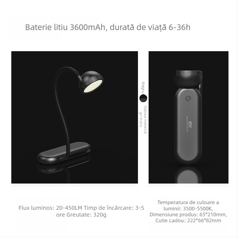 Lampă de birou cu protecție pentru ochi, cu două surse de lumină, portabilă, baterie litiu încorporată, abajur din ABS, pentru studiu și lectură.