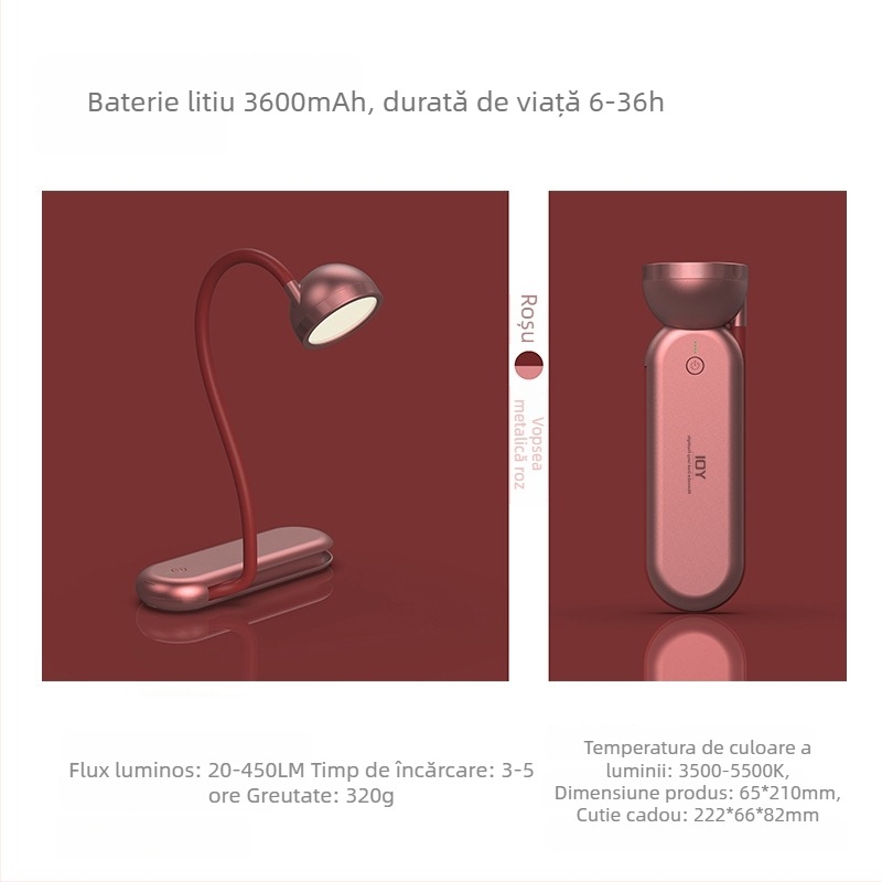 Lampă de birou cu protecție pentru ochi, cu două surse de lumină, portabilă, baterie litiu încorporată, abajur din ABS, pentru studiu și lectură.