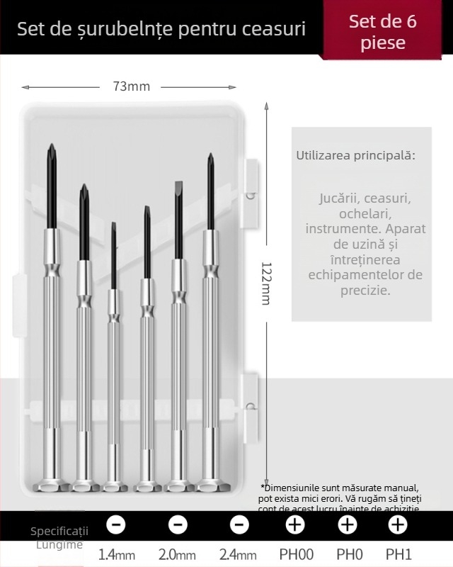 Set de șurubelnițe pentru ceasuri cu vârfuri în cruce și plate, oțel carbon de înaltă duritate, pentru reparații și demontaj ceasuri