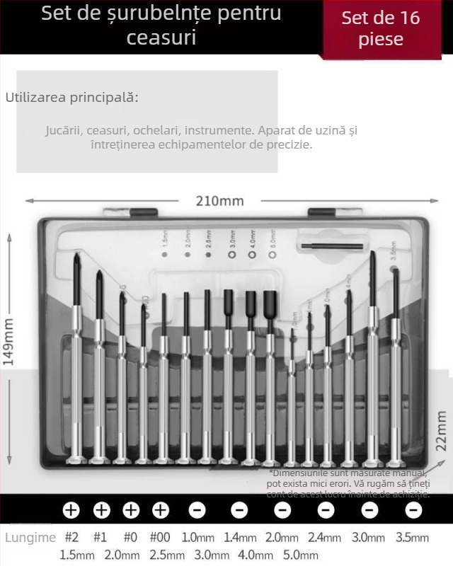 Set de șurubelnițe pentru ceasuri cu vârfuri în cruce și plate, oțel carbon de înaltă duritate, pentru reparații și demontaj ceasuri