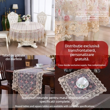 Covor de masă rotund în stil european, poliester, impermeabil, rezistent la uzură, anti-praf, model broderie geometric