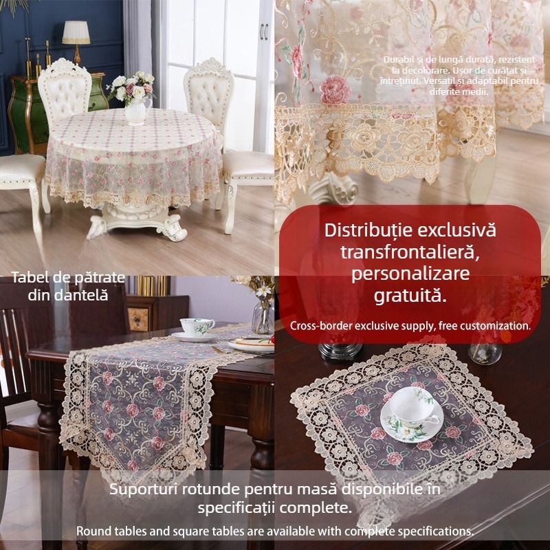 Covor de masă rotund în stil european, poliester, impermeabil, rezistent la uzură, anti-praf, model broderie geometric