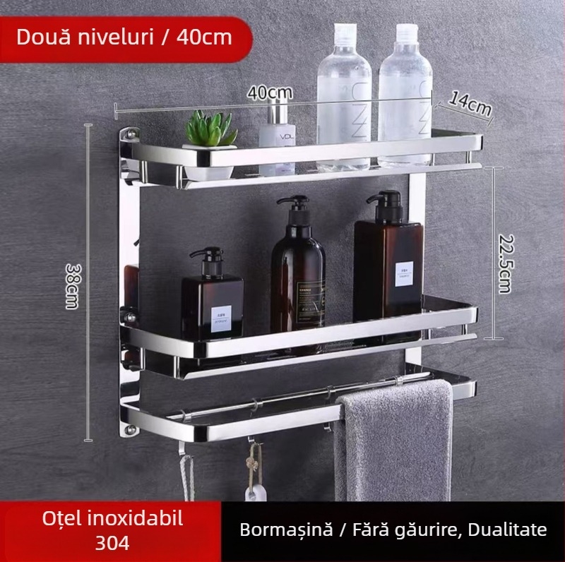 Raft de prosoape pe perete, 1 nivel, oțel inoxidabil 304, montaj fără găuri, capacitate de peste 10 lb