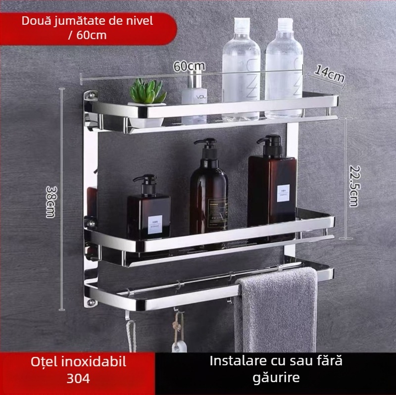 Raft de prosoape pe perete, 1 nivel, oțel inoxidabil 304, montaj fără găuri, capacitate de peste 10 lb
