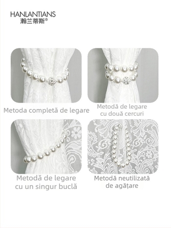 Curele de prindere pentru perdea cu decor magnetic și perle din rhinestone, material țesut, stil simplu și modern