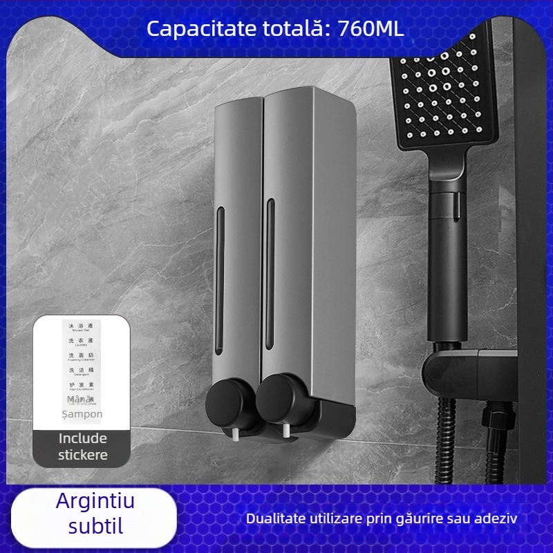 Dozator de săpun montat pe perete, fără cuie, funcție apăsare, ABS, finisaj oxidat, stil modern minimalist