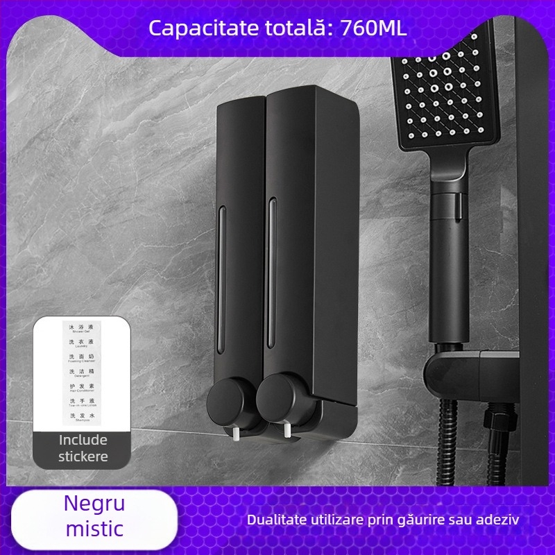 Dozator de săpun montat pe perete, fără cuie, funcție apăsare, ABS, finisaj oxidat, stil modern minimalist