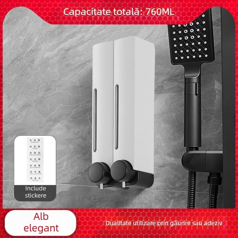 Dozator de săpun montat pe perete, fără cuie, funcție apăsare, ABS, finisaj oxidat, stil modern minimalist