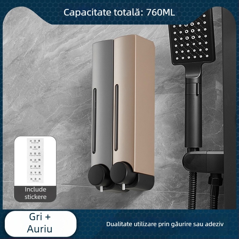 Dozator de săpun montat pe perete, fără cuie, funcție apăsare, ABS, finisaj oxidat, stil modern minimalist